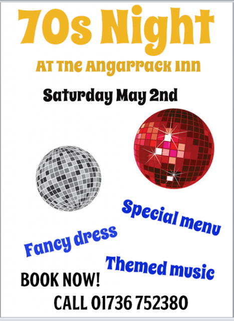 70s Night At the Angarrack Inn Saturday May 2nd; Special menu; Fancy dress; Themed music; Book now! Call 01736 752380 70s Night At the Angarrack Inn Saturday May 2nd; Special menu; Fancy dress; Themed music; Book now! Call 01736 752380